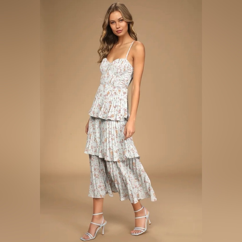 Lulus Cascading Crush Pale Blue Floral Print Tiered Bustier Midi Dress-Small - Picture 3 of 16